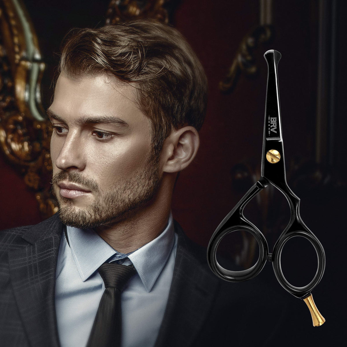 BRV MEN scissors held in hand to display compact 4.2-inch travel size