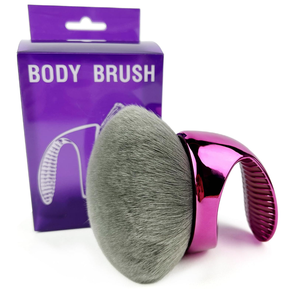 Brvlsoc front view of kabuki brush showing shape and packaging, easy storage benefit