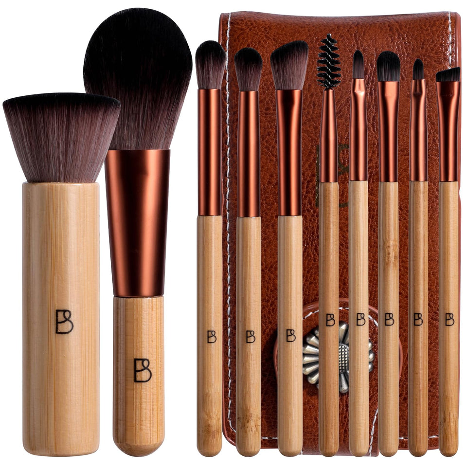 BS-MALL front view of 10-piece bamboo brush set showing complete kit and bag, travel-friendly