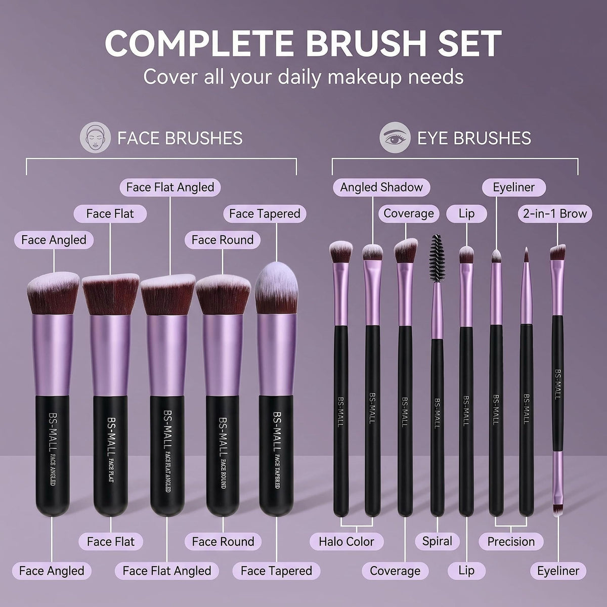 BS-MALL brushes laid out flat displaying variety for full-face application