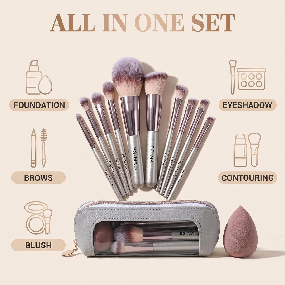 BS-MALL foundation brush with included sponge demonstrating seamless application on the go