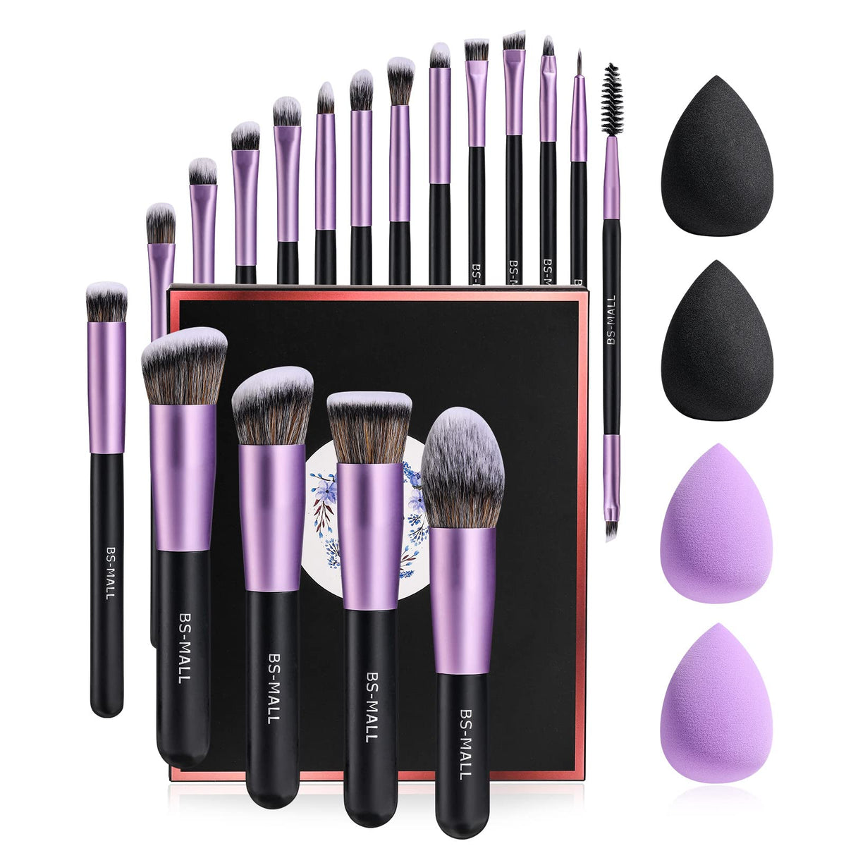 BS-MALL front view of full 18-piece brush and sponge set showing contents and benefits
