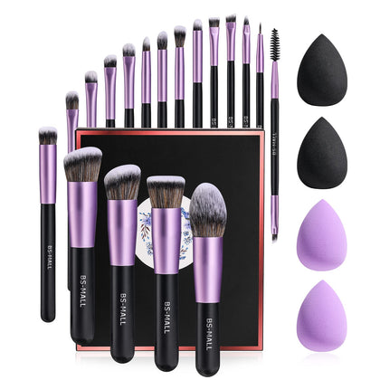 BS-MALL front view of full 18-piece brush and sponge set showing contents and benefits
