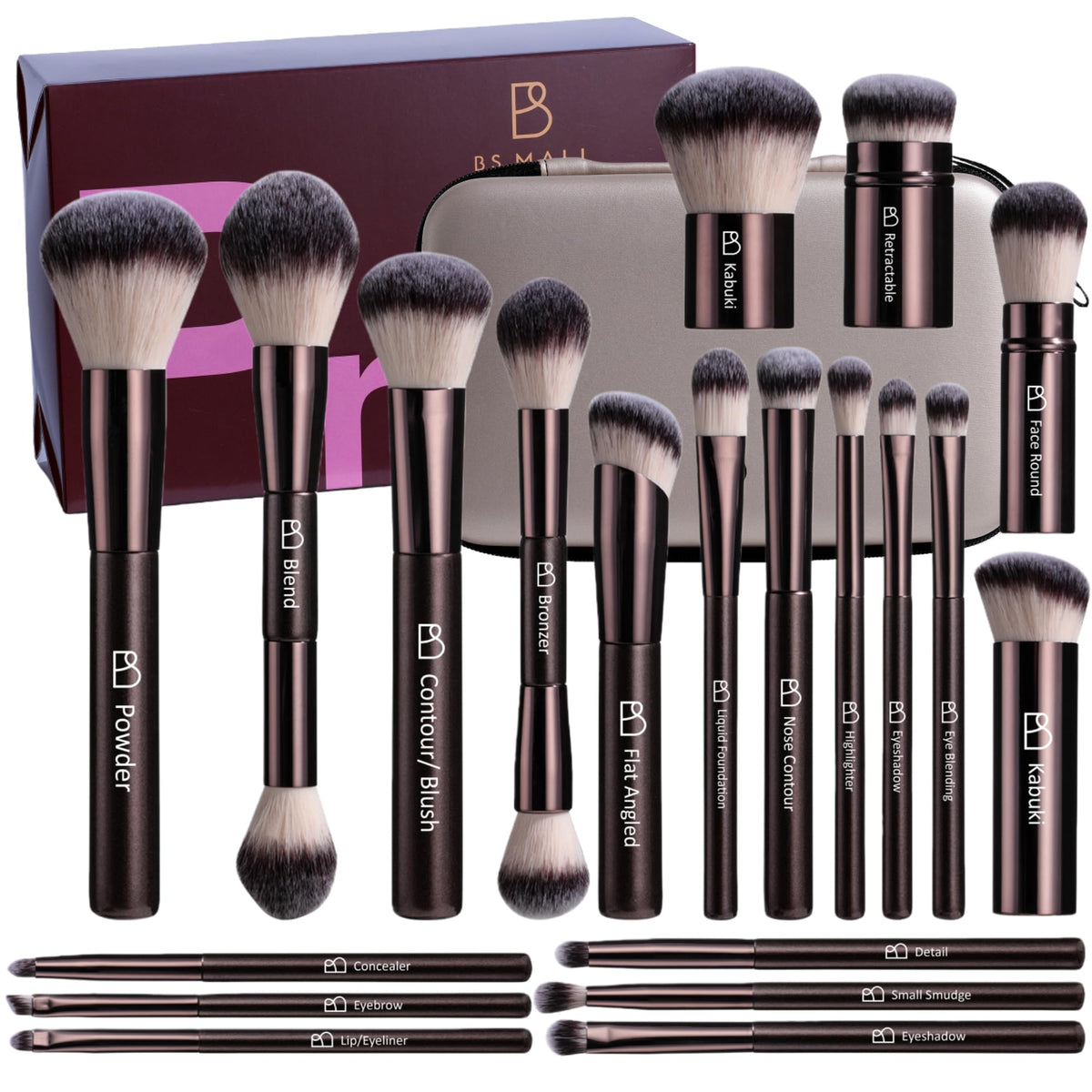 BS-MALL front packaging showing full 20-piece brush set and case for travel