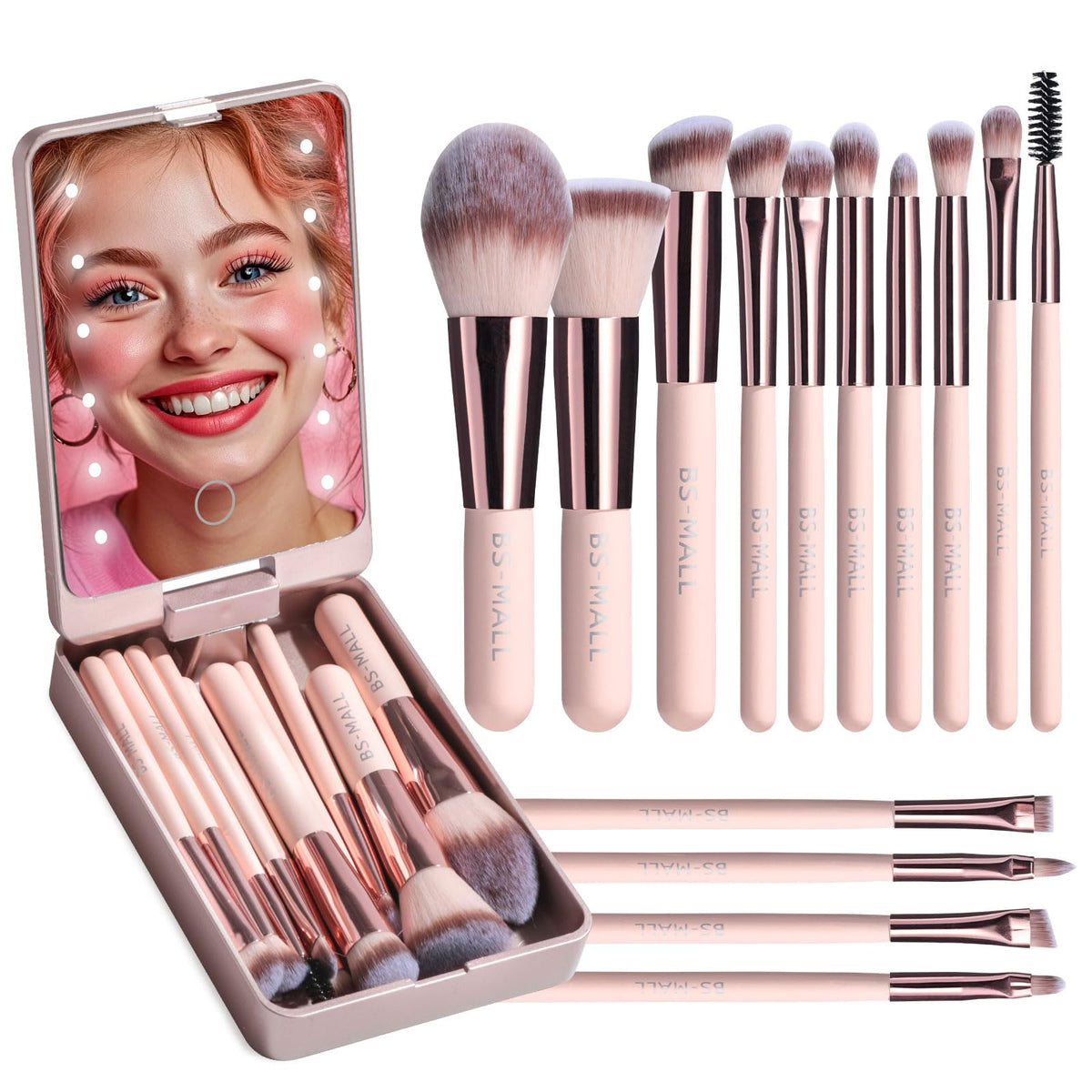 BS-MALL front packaging showing compact travel brush kit and mirror for convenience