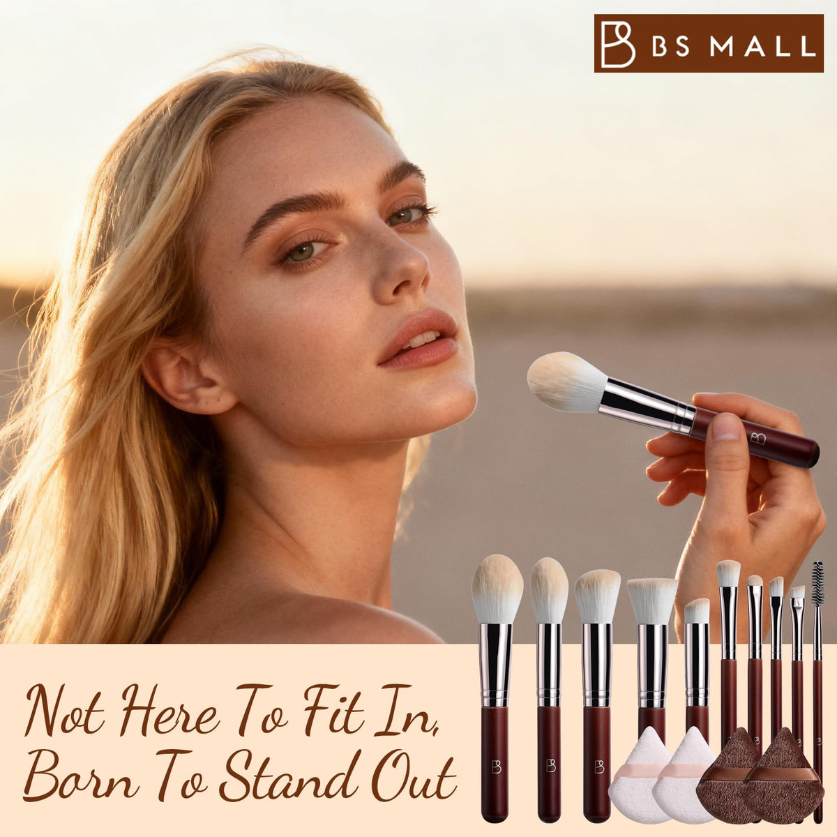 BS-MALL model applying foundation with brush showing quick, streak-free coverage benefit