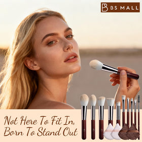 BS-MALL model applying foundation with brush showing quick, streak-free coverage benefit