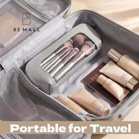 BS-MALL brush set next to a hand illustrating compact size and easy packing advantage
