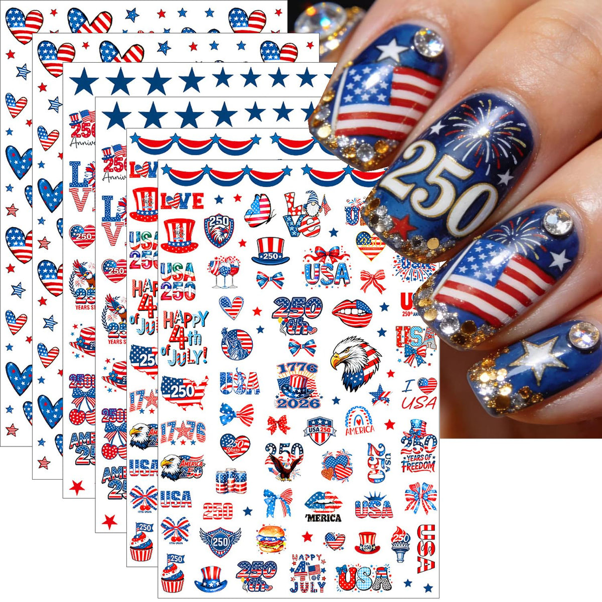 BSBTBZ front packaging showing six patriotic 250th anniversary sticker sheets for easy decoration