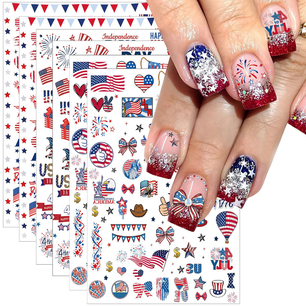 BSBTBZ front packaging of six patriotic nail sticker sheets for easy holiday manicures