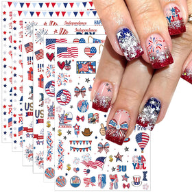 BSBTBZ front packaging of six patriotic nail sticker sheets for easy holiday manicures