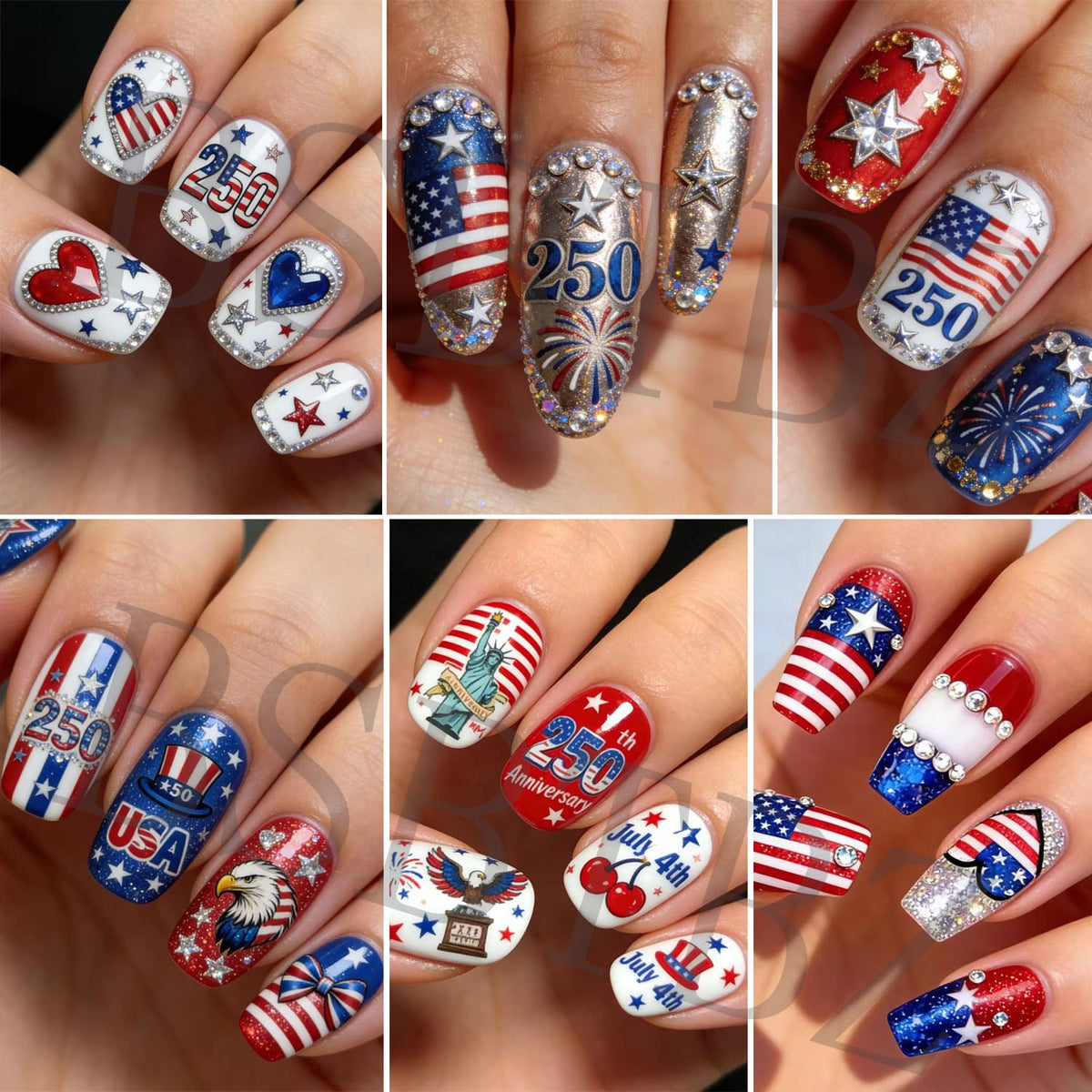 BSBTBZ styled summer party manicure showcasing patriotic nail stickers for festive events