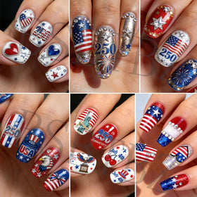 BSBTBZ styled summer party manicure showcasing patriotic nail stickers for festive events