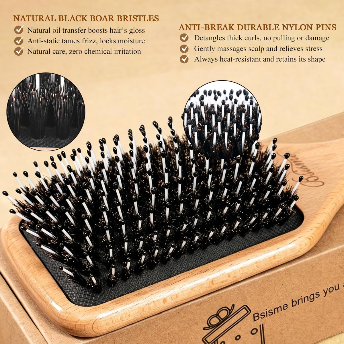 Bsisme boar bristles close-up smoothing hair cuticles to enhance natural shine