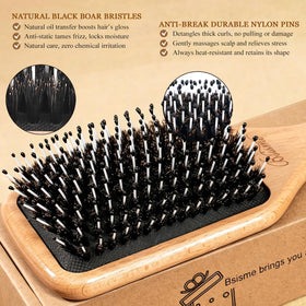 Bsisme boar bristles close-up smoothing hair cuticles to enhance natural shine