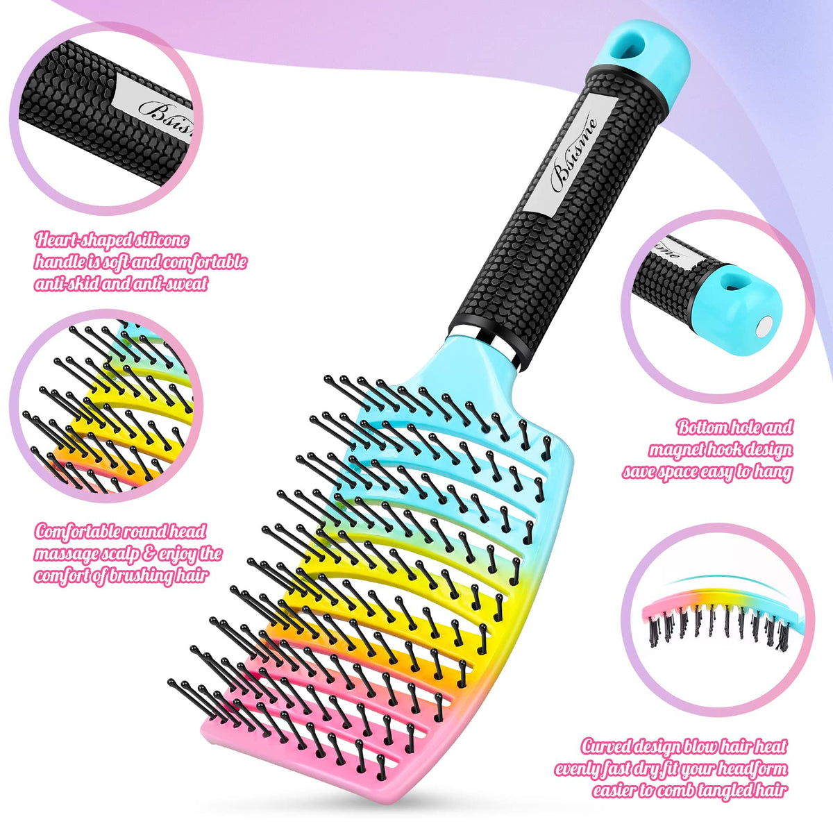 Bsisme close-up of nylon bristles gliding smoothly to detangle hair