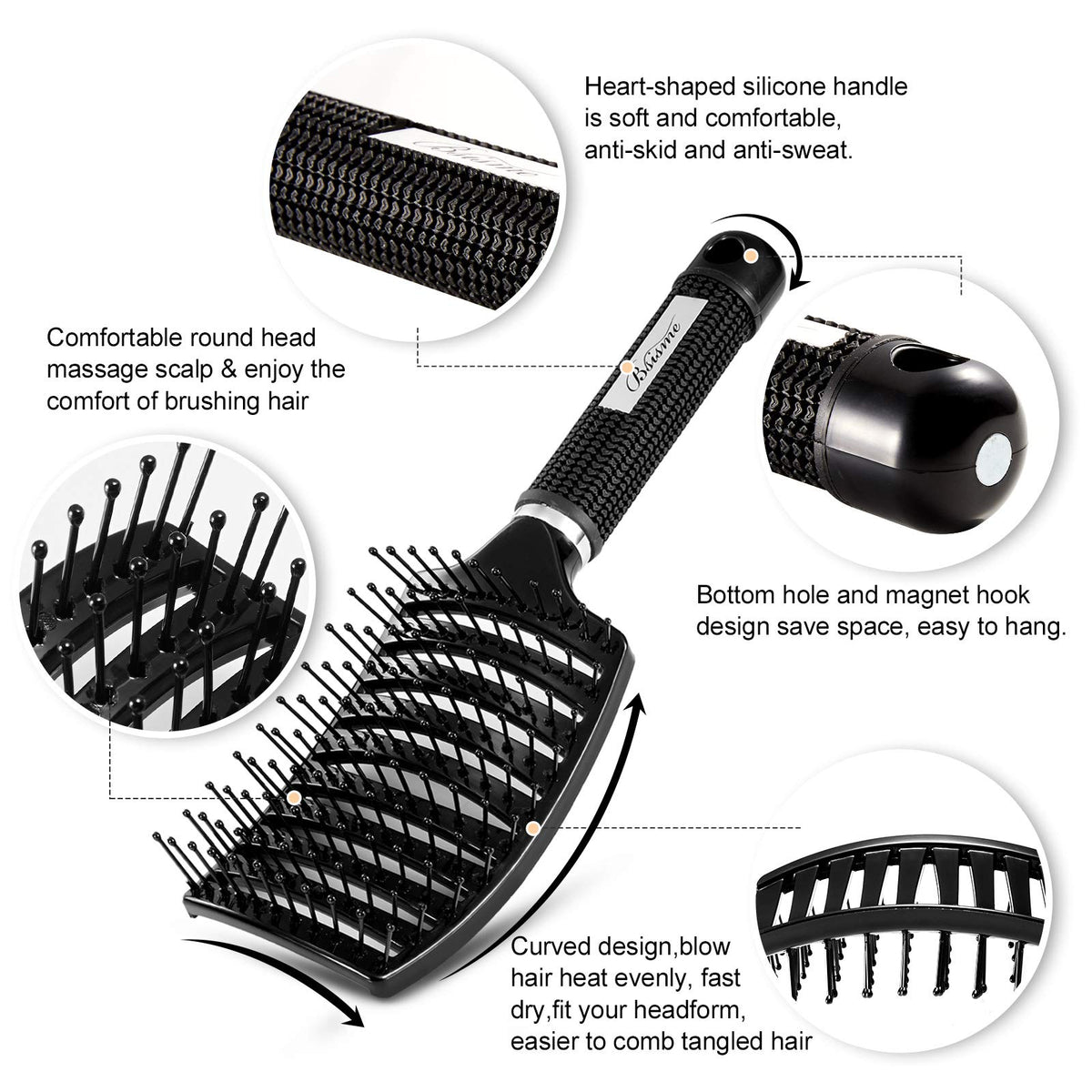 Bsisme close-up of flexible nylon bristles, detangles without pulling