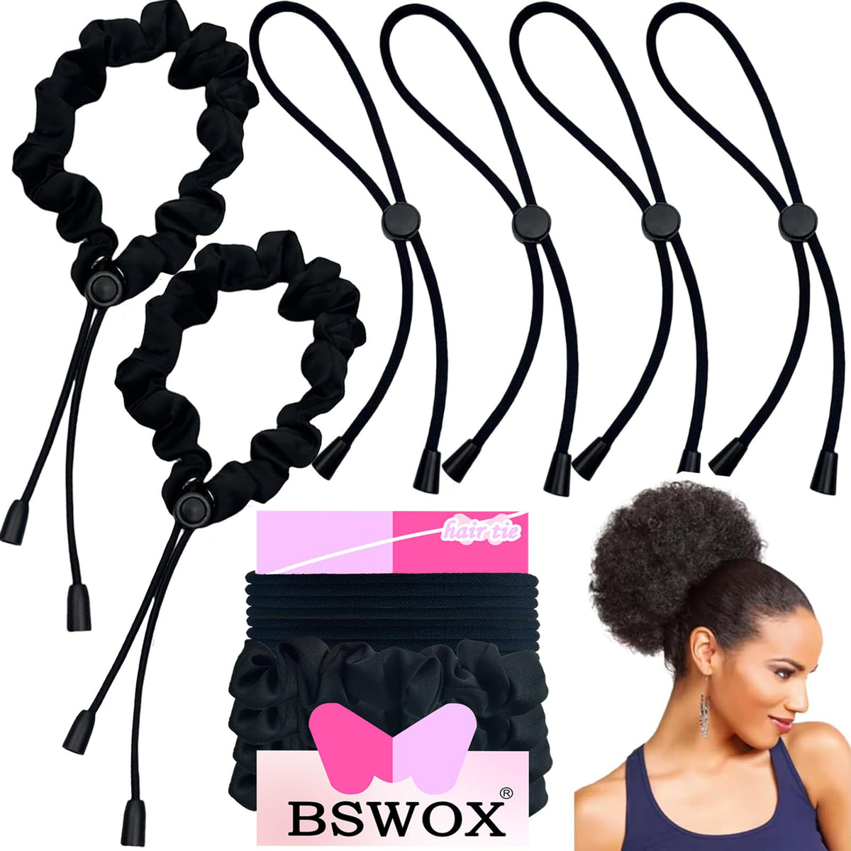 Bswox front packaging showing six black satin hair ties and neat presentation, protective benefit