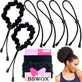 Bswox front packaging showing six black satin hair ties and neat presentation, protective benefit