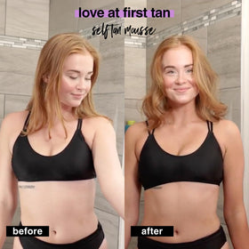 B.TAN before and after torso comparison showing natural non-orange bronze