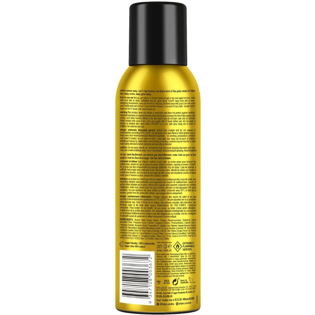 B.TAN bronzing mist spray action demonstrating even coverage for streak-free results