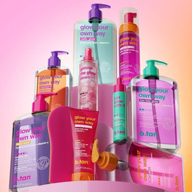 B.TAN on bathroom vanity, easy daily skincare-friendly self-tan