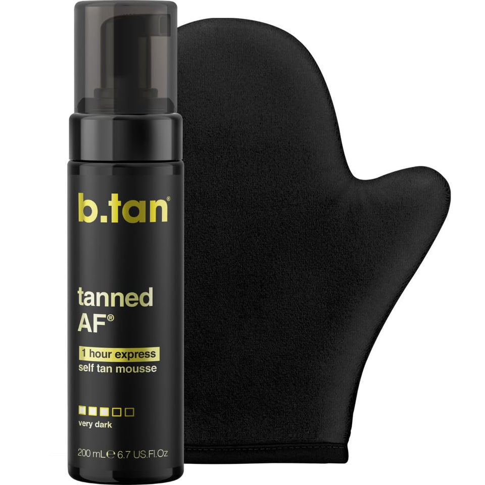 B.TAN front packaging showing dark mousse and mitt for effortless deep color