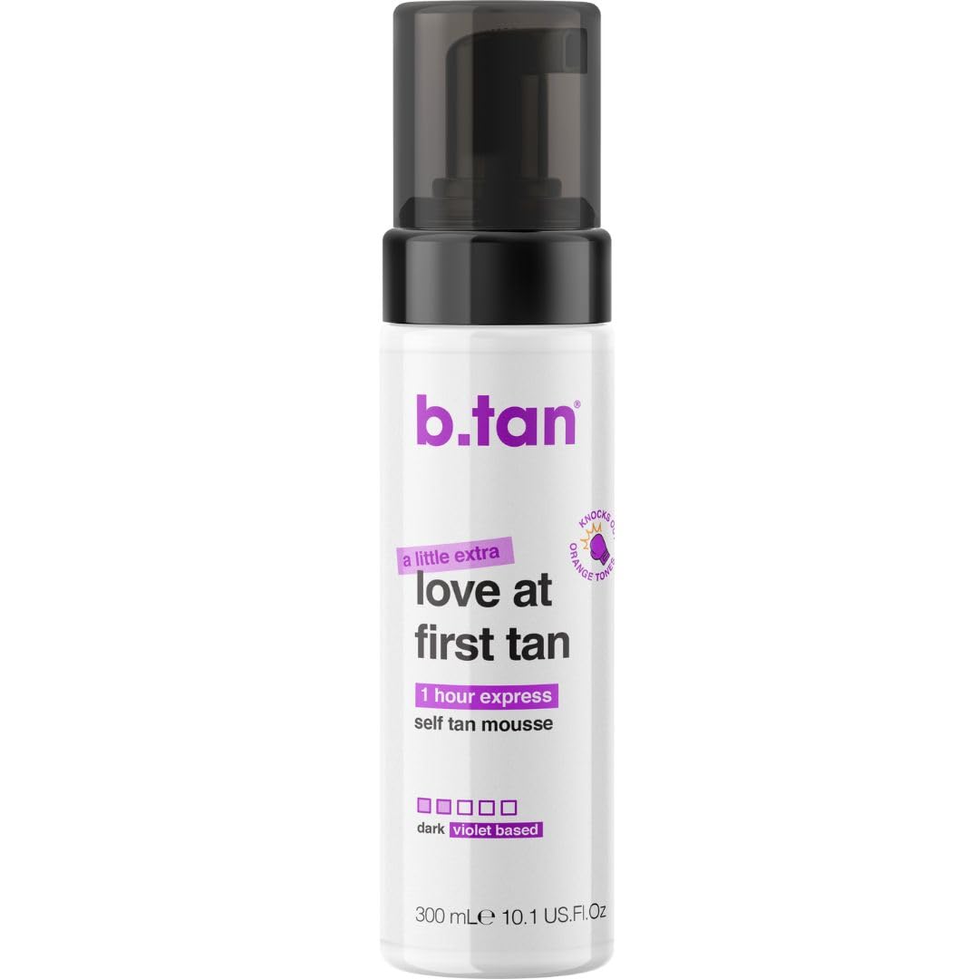 B.TAN front packaging showing larger violet base bottle and clear label benefit