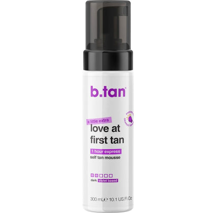 B.TAN front packaging showing larger violet base bottle and clear label benefit