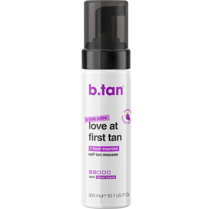 B.TAN front packaging showing larger violet base bottle and clear label benefit