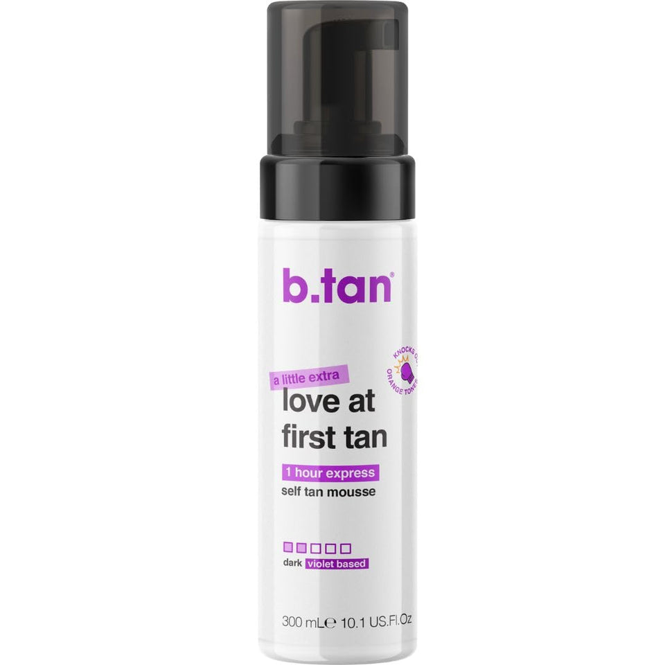 B.TAN front packaging showing larger violet base bottle and clear label benefit