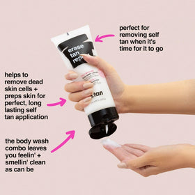 B.TAN bottle in use in shower demonstrating easy application and rinse-off