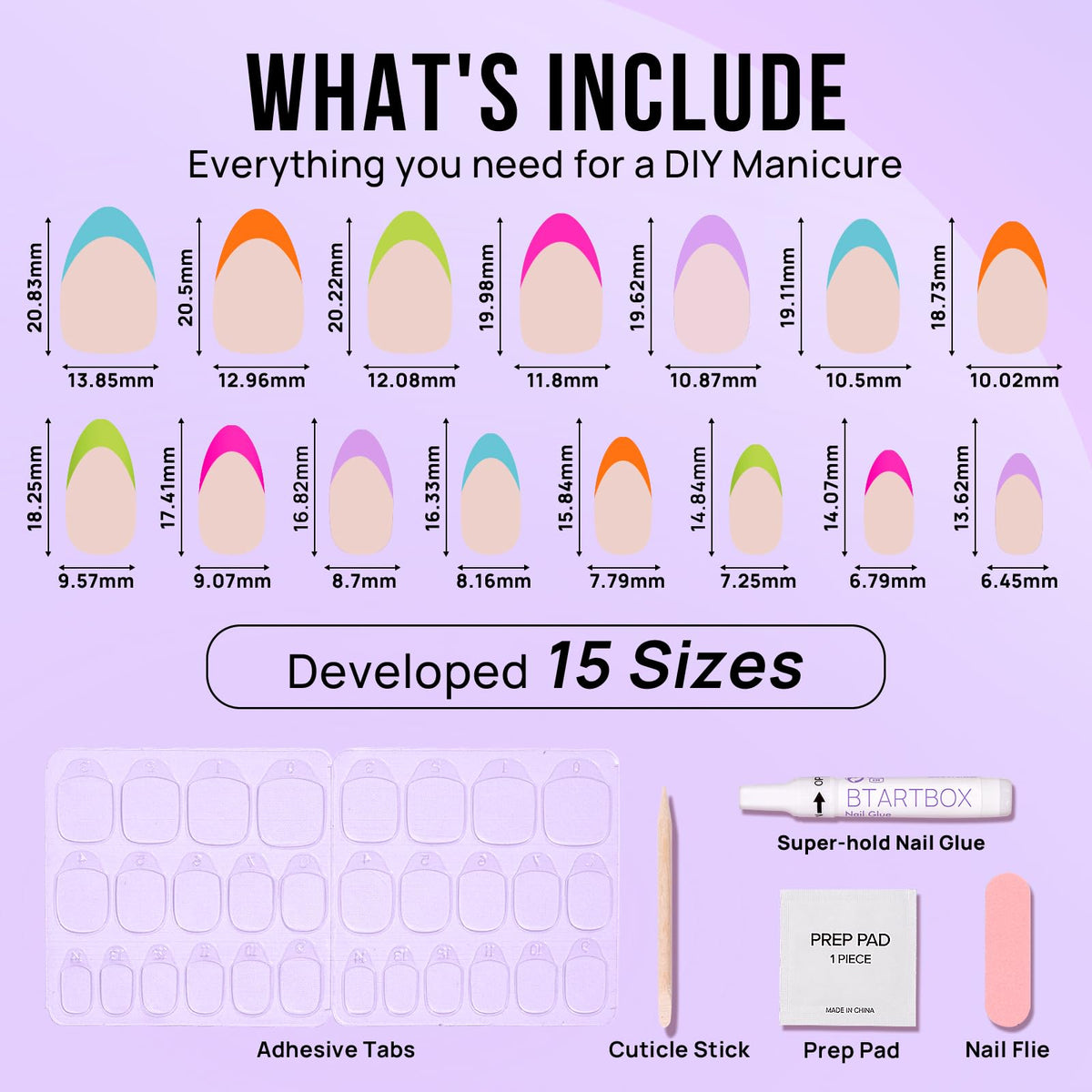 BTArtbox accessory kit layout with glue, tabs, file, and prep pad for complete application