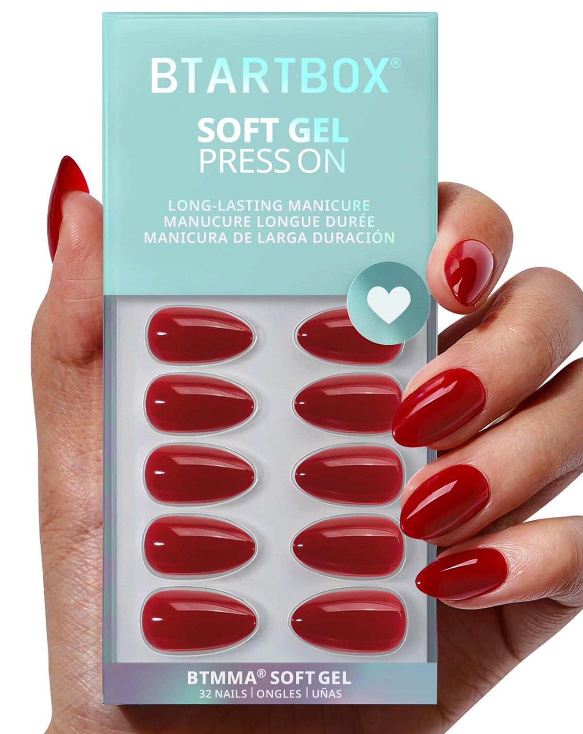 BTArtbox almond front packaging showing kit and pastel red nails benefit quick styling