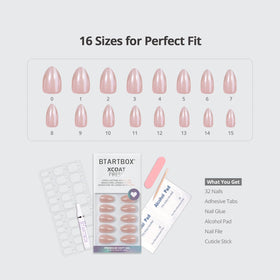 BTArtbox almond kit contents with file, cuticle stick, glue and storage box for complete at-home prep