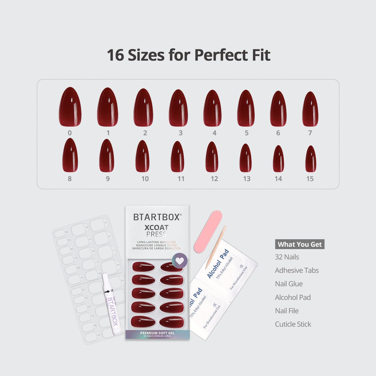 BTArtbox included tools — file, wooden pusher, alcohol pad — for thorough nail prep