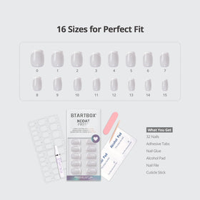 BTArtbox kit tools laid out including glue, tabs, file and cuticle stick for easy prep