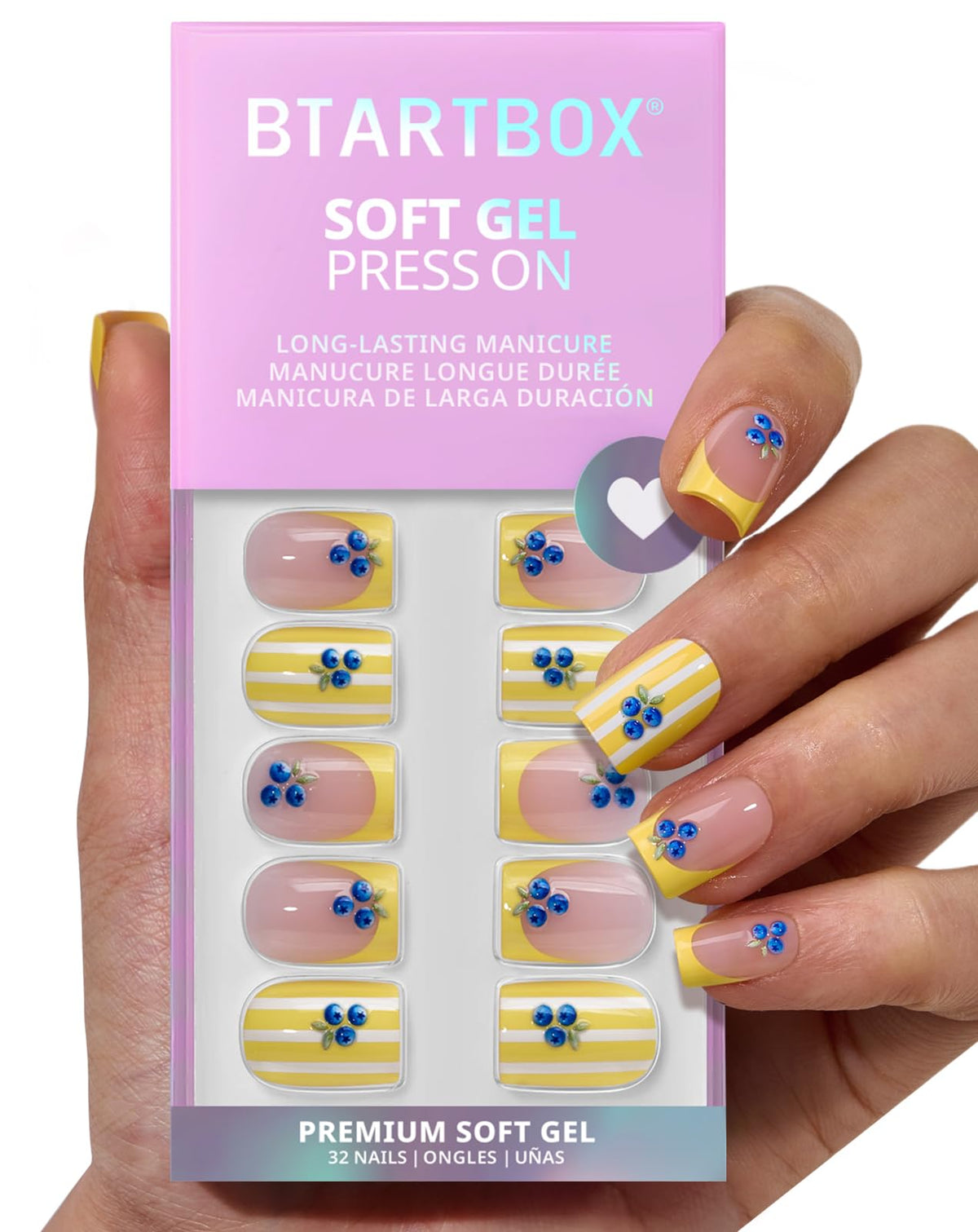 BTArtbox front packaging showing Blueberry Rain press-on nail kit benefit quick application