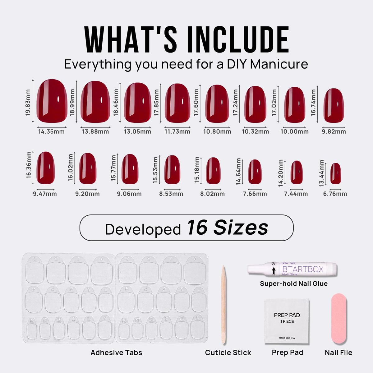 BTArtbox kit contents with glue, tabs, file and cuticle stick for complete at-home application