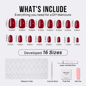 BTArtbox kit contents with glue, tabs, file and cuticle stick for complete at-home application