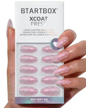 BTArtbox front packaging showing almond polka-dot nails and kit contents benefit: clear kit presentation