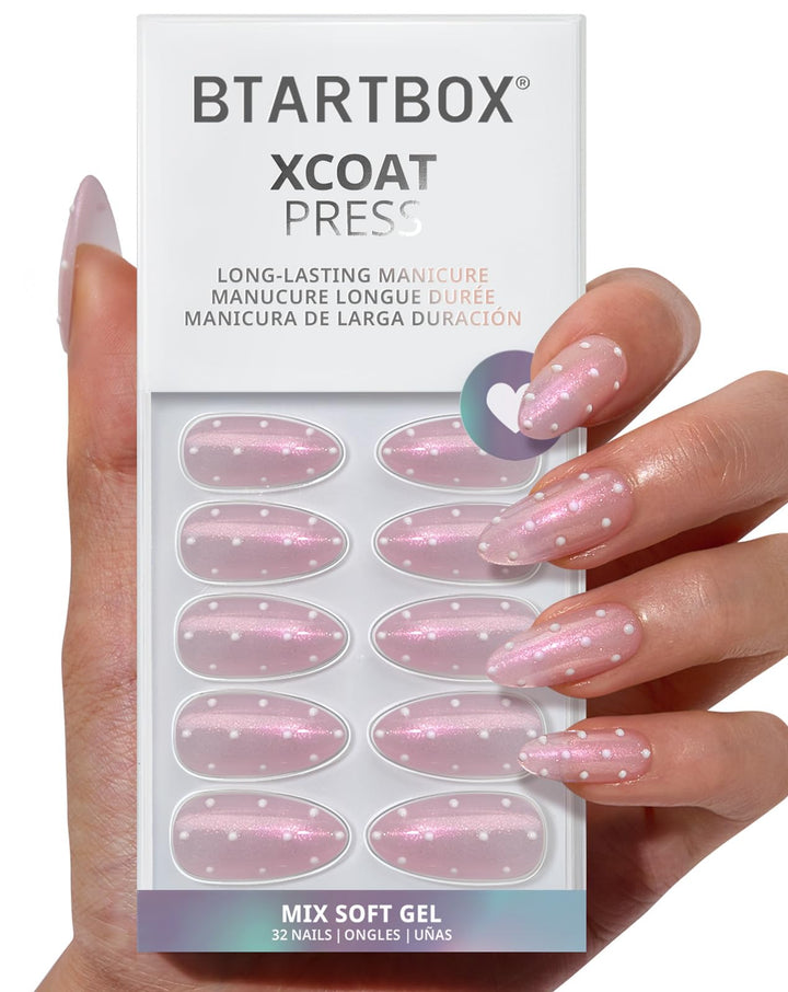 BTArtbox front packaging showing almond polka-dot nails and kit contents benefit: clear kit presentation