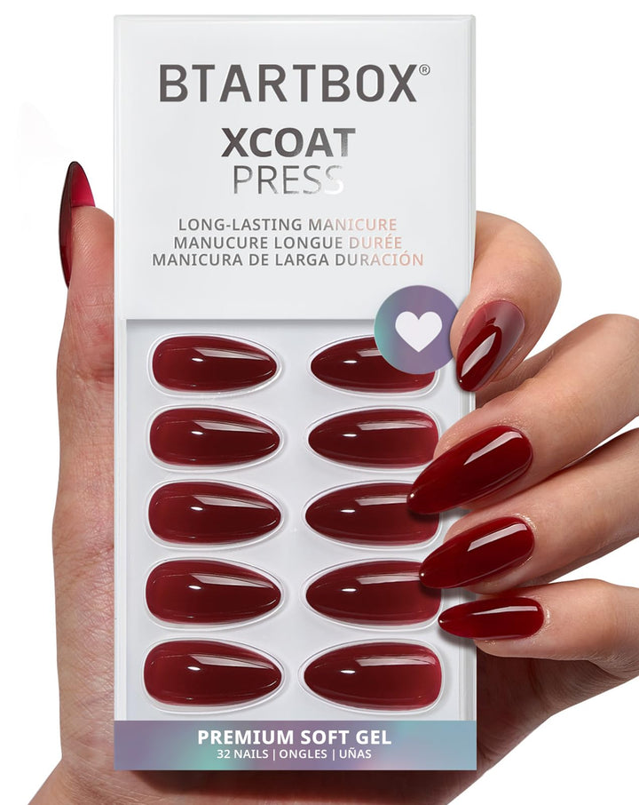 BTArtbox front packaging showing dark red almond press on nails and kit contents for easy setup