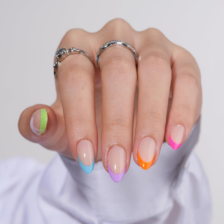 BTArtbox front packaging showing neon French set and included accessories for instant salon nails