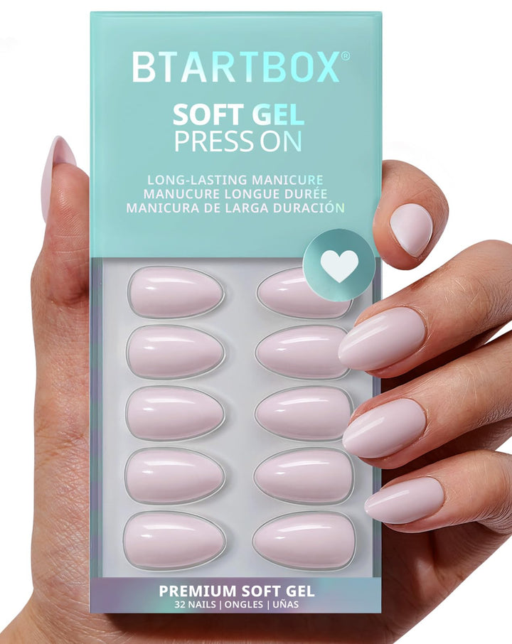 BTArtbox front packaging showing pastel purple almond nails and included accessories for easy application
