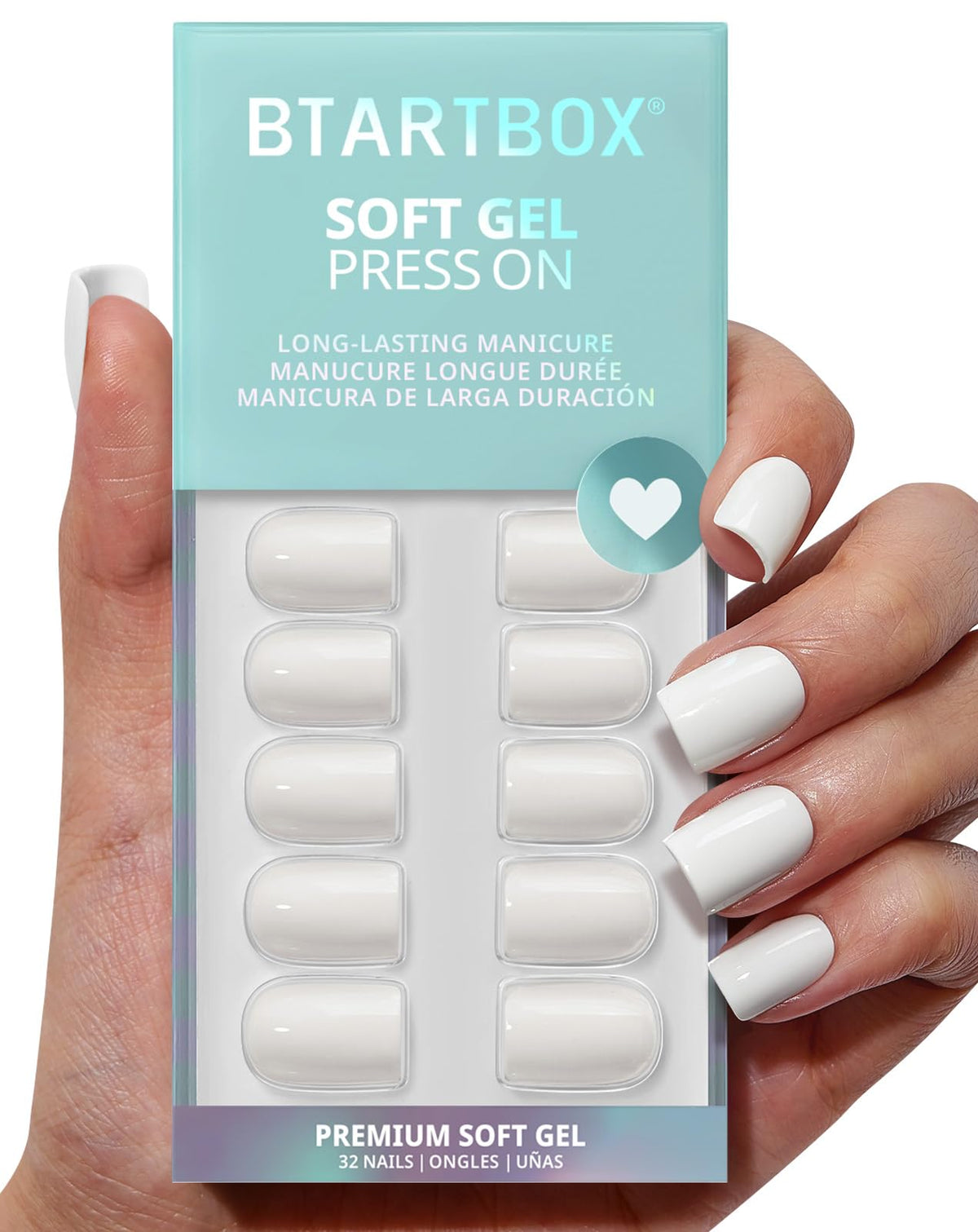 BTArtbox front packaging showing pastel white short square nails, convenient kit