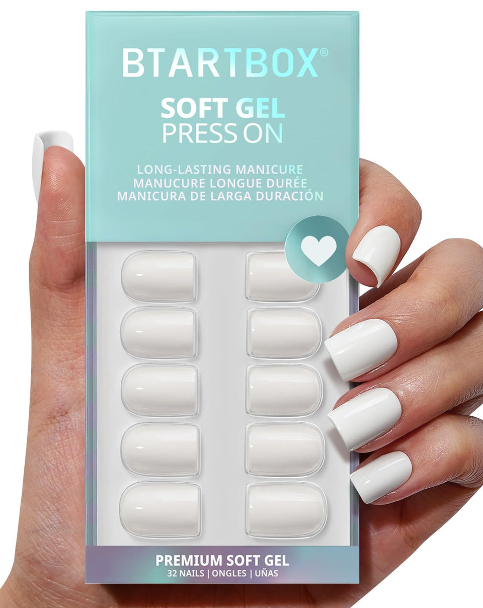 BTArtbox front packaging showing pastel white short square nails, convenient kit