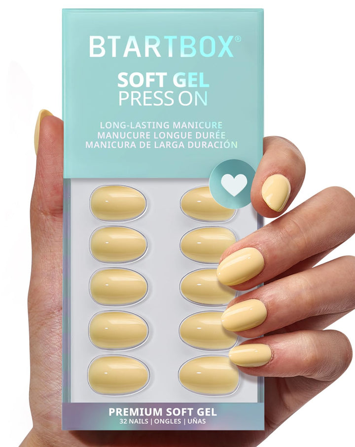 BTArtbox front packaging showing pastel yellow almond nails and included kit