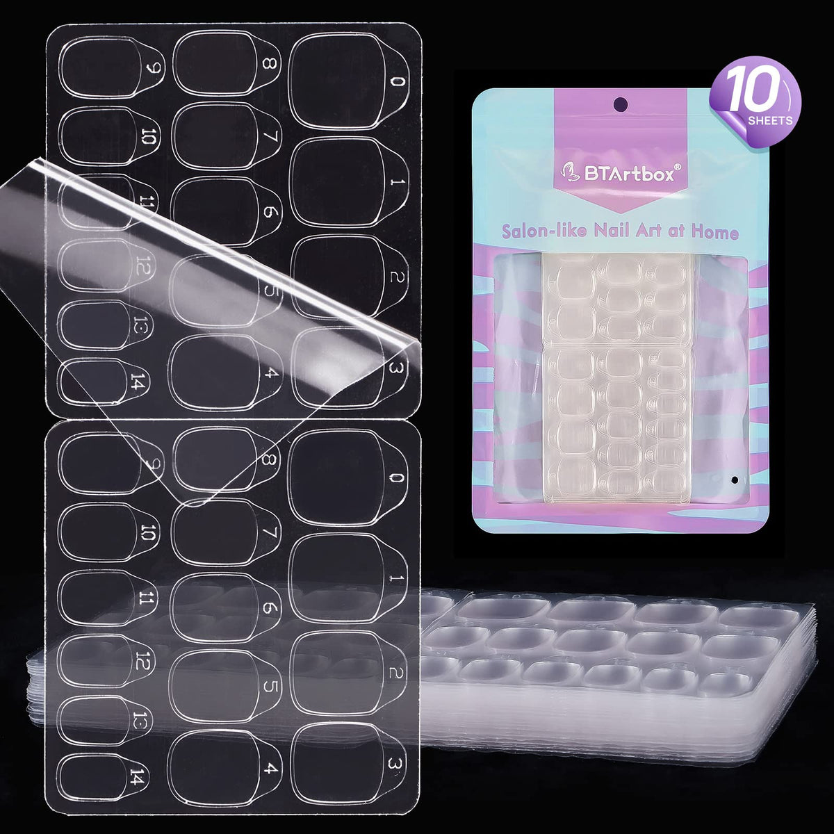 BTArtbox front packaging showing 10 sheets and 300 adhesive tabs for fast manicures