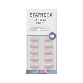 BTArtbox lifestyle shot at a cafe wearing pastel square nails for a polished everyday look